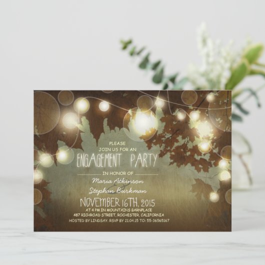 String Lights Rustic Engagement Party Uitnodiging (Staand voorkant)