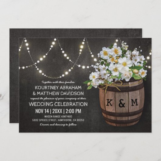 String Lights Rustic Vineyard White Floral Wedding Kaart (Voorkant / Achterkant)