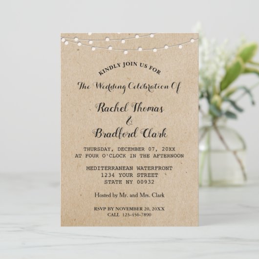 String Lights Rustic Wedding Celebration Custom Kaart (Staand voorkant)