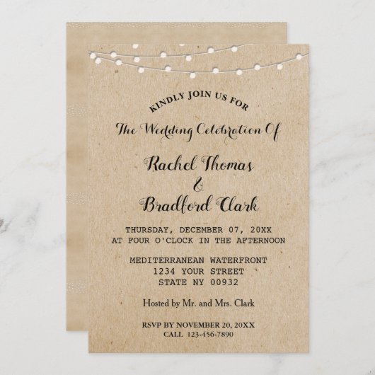 String Lights Rustic Wedding Celebration Custom Kaart (Voorkant / Achterkant)