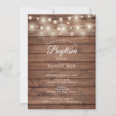 String Lights Rustic Wood Baptism Christening Kaart (Voorkant)