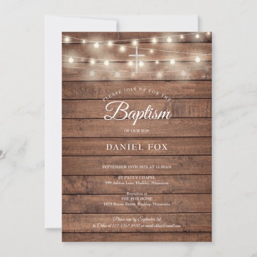 String Lights Rustic Wood Baptism Christening Kaart (Voorkant)