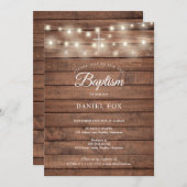 String Lights Rustic Wood Baptism Christening Kaart (Voorkant / Achterkant)