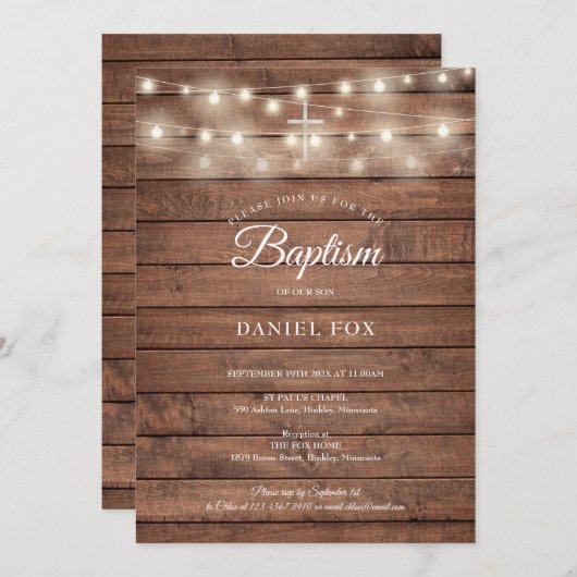 String Lights Rustic Wood Baptism Christening Kaart (Voorkant / Achterkant)