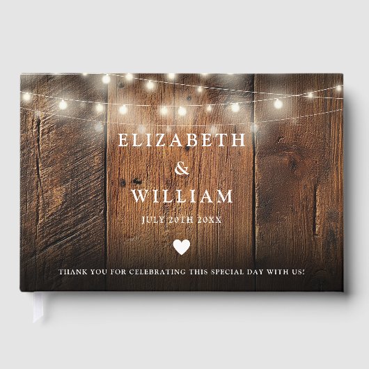 String Lights Rustic Wood Boho Barn Wedding Gastenboek (Voorkant)