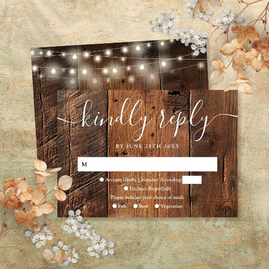 String Lights Rustic Wood Boho Westerne bruiloft RSVP Kaartje