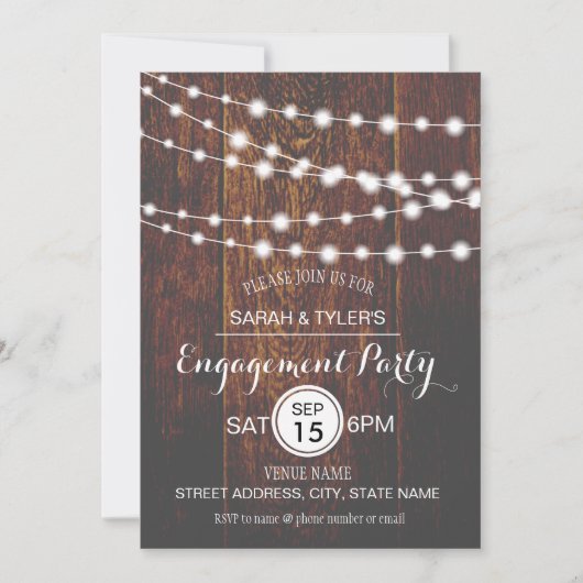 String Lights Rustic Wood Engagement Party Uitnodi Kaart (Voorkant)