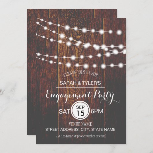 String Lights Rustic Wood Engagement Party Uitnodi Kaart (Voorkant / Achterkant)