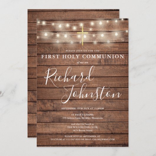 String Lights Rustic Wood First Heilige Communie Kaart (Voorkant / Achterkant)