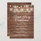 String Lights Rustic Wood First Heilige Communie Kaart (Voorkant / Achterkant)