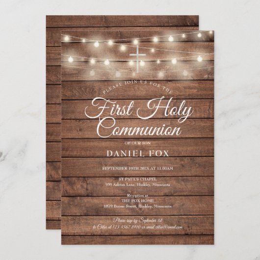 String Lights Rustic Wood First Heilige Communie Kaart (Voorkant / Achterkant)