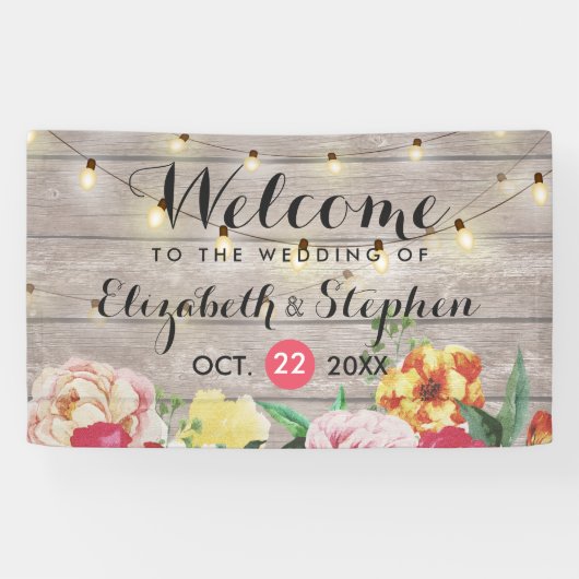 String Lights Rustic Wood Floral Wedding Banner (Horizontaal)