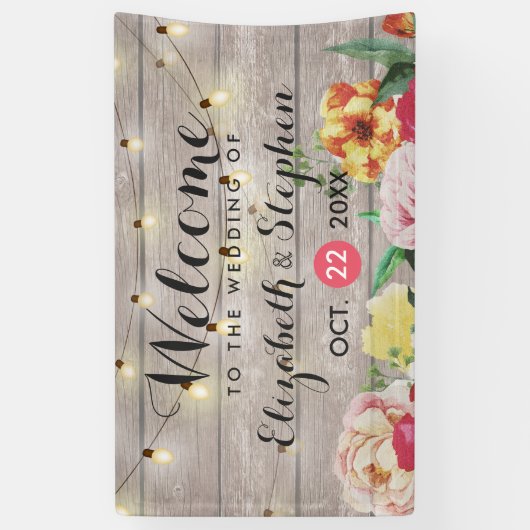 String Lights Rustic Wood Floral Wedding Banner (Verticaal)