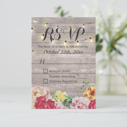 String Lights Rustic Wood Floral Wedding RSVP Kaar (Staand voorkant)