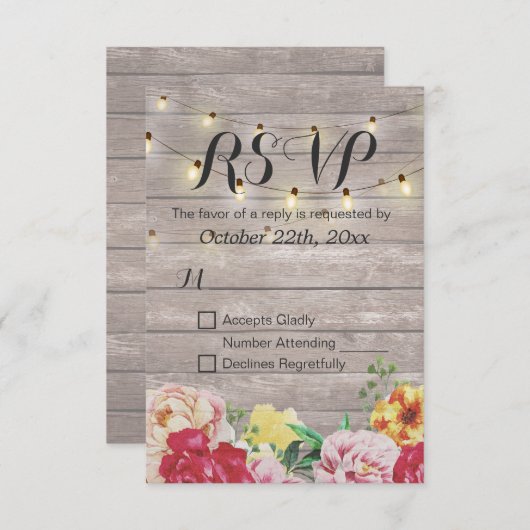 String Lights Rustic Wood Floral Wedding RSVP Kaar (Voorkant / Achterkant)