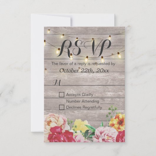 String Lights Rustic Wood Floral Wedding RSVP Kaar Kaartje (Voorkant)