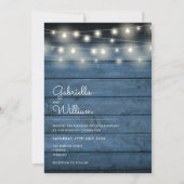 String Lights Rustic Wood Navy Blue Photo Wedding Kaart (Voorkant)