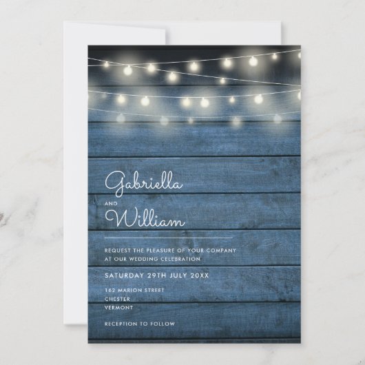 String Lights Rustic Wood Navy Blue Photo Wedding Kaart (Voorkant)
