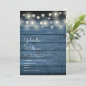 String Lights Rustic Wood Navy Blue Photo Wedding Kaart (Staand voorkant)