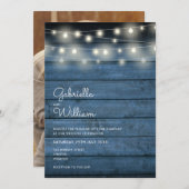 String Lights Rustic Wood Navy Blue Photo Wedding Kaart (Voorkant / Achterkant)