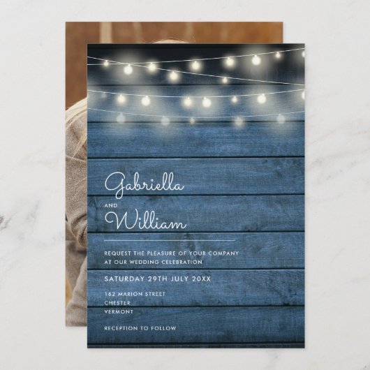String Lights Rustic Wood Navy Blue Photo Wedding Kaart (Voorkant / Achterkant)
