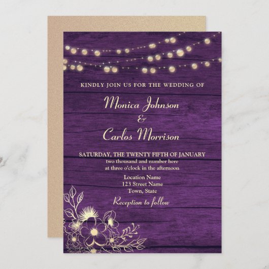 String Lights Rustic Wood Paars Wedding Kaart (Voorkant / Achterkant)