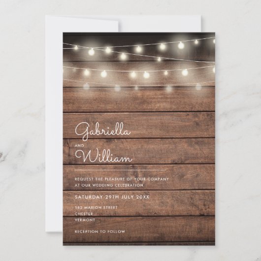 String Lights Rustic Wood Wedding Kaart (Voorkant)