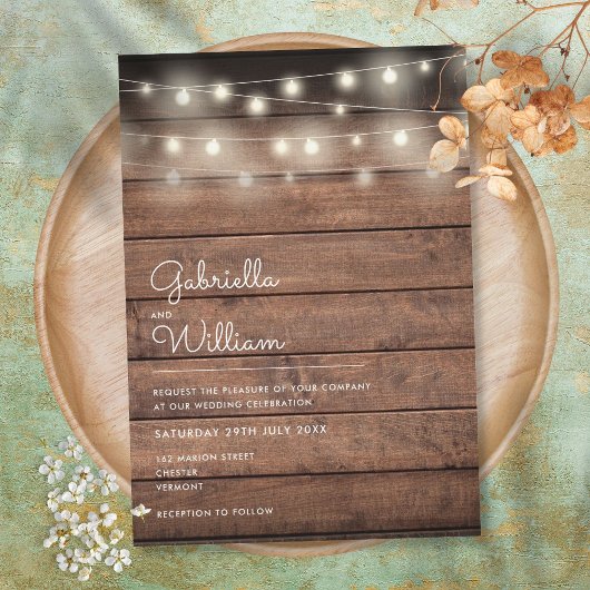 String Lights Rustic Wood Wedding Kaart
