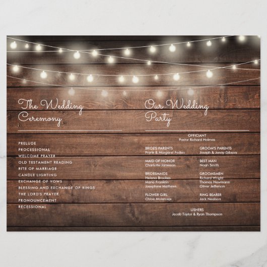 String Lights Rustic Wood Wedding Programme (Achterkant)