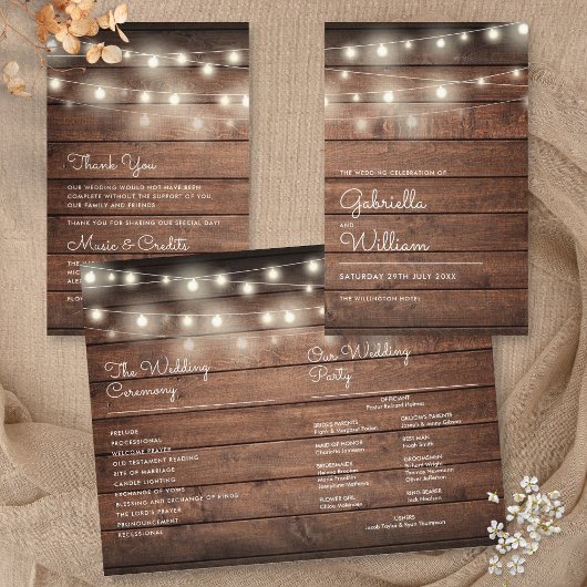 String Lights Rustic Wood Wedding Programme