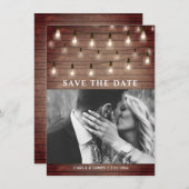 String Lights Rustic Wood Wedding Save The Date (Voorkant / Achterkant)