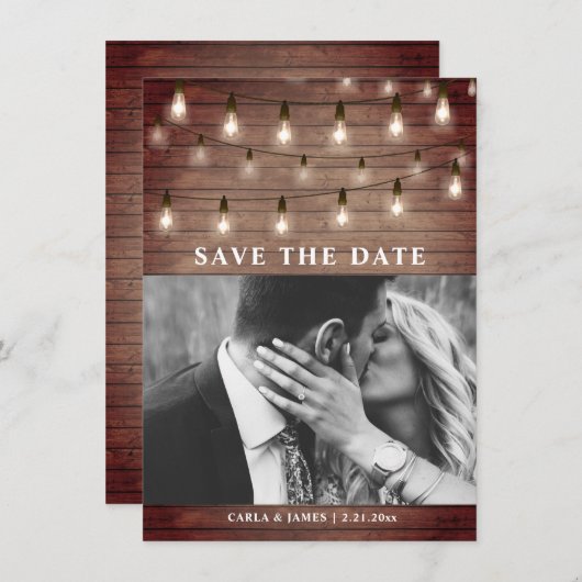 String Lights Rustic Wood Wedding Save The Date (Voorkant / Achterkant)