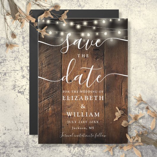 String Lights Rustic Wood Wedding Save The Date Magnetische Uitnodiging