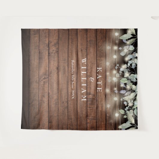 String Lights Rustic Wood Weduwfoto achtergrond Wandkleed (Voorkant (horizontaal))