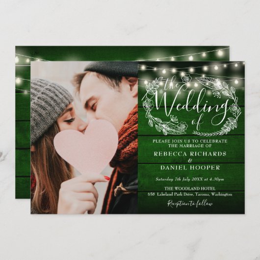 String Lights Rustiek Groen Hout Foto Bruiloft Kaart (Voorkant / Achterkant)