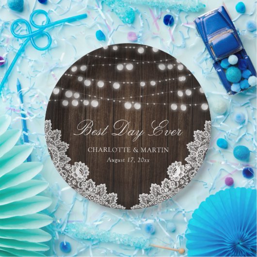 String Lights Rustiek Hout Bloemen Lace Wedding Papieren Bordje (Feest)