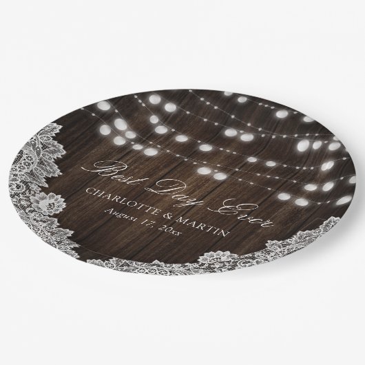 String Lights Rustiek Hout Bloemen Lace Wedding Papieren Bordje (Gekanteld)