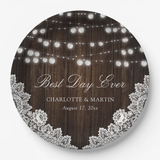 String Lights Rustiek Hout Bloemen Lace Wedding Papieren Bordje (Voorkant)