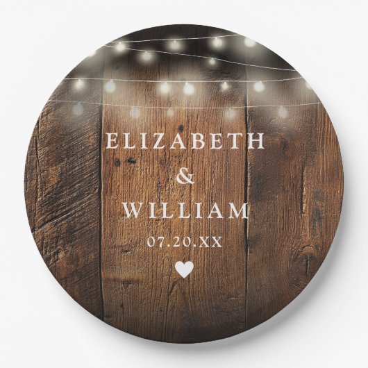 String Lights Rustiek Hout Boho Schuur Huwelijk Papieren Bordje (Voorkant)