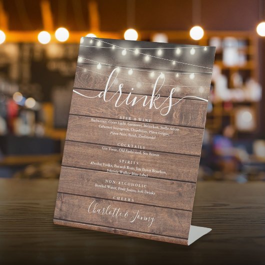 String Lights Rustiek Hout Bruiloft Drinken Menu Reclamebord Met Voetstuk