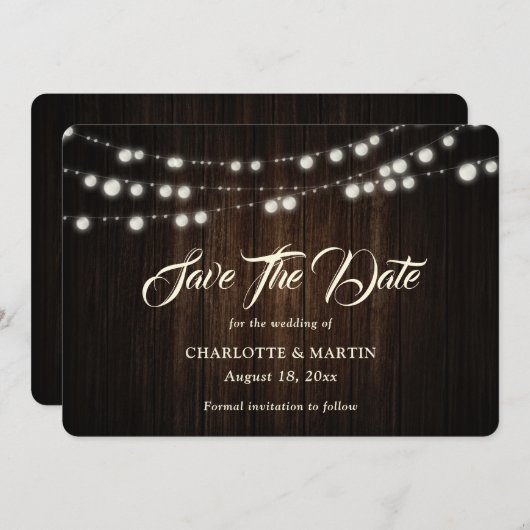 String Lights Rustiek Hout Burlap Hearts Wedding Save The Date (Voorkant / Achterkant)