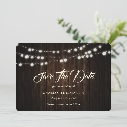 String Lights Rustiek Hout Burlap Hearts Wedding Save The Date (Staand voorkant)