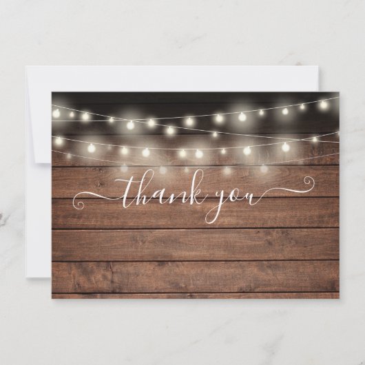 String Lights Rustiek Hout Elegant Script Bedankkaart (Voorkant)