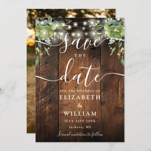 String Lights Rustiek Hout Groen Foto Huwelijk Save The Date (Voorkant / Achterkant)