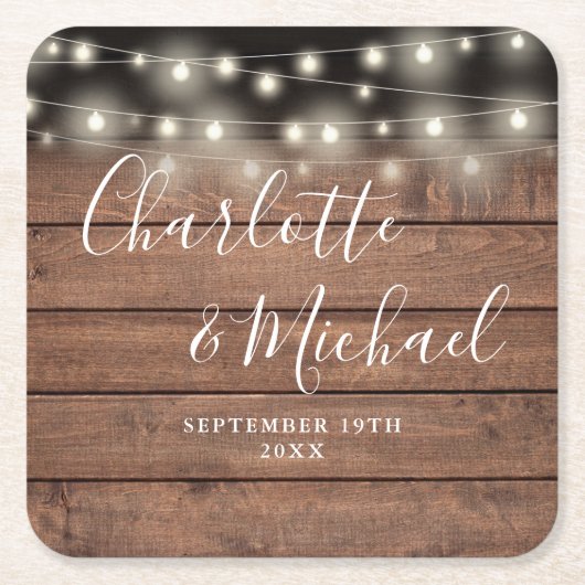 String Lights Rustiek Hout Handtekening Script Bru Kartonnen Onderzetters (Voorkant)