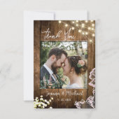 String Lights Rustiek Hout & Kant Bruiloft Dank u Bedankkaart (Voorkant)