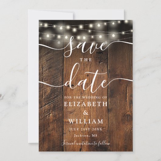 String Lights Rustiek Hout Schuur Boho Foto Huweli Save The Date (Voorkant)