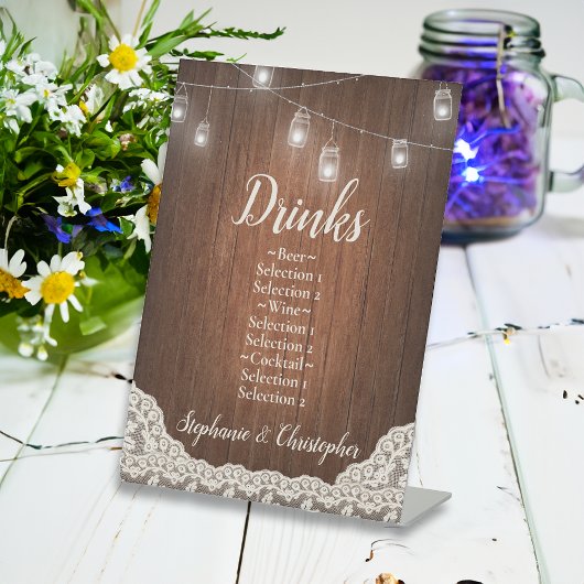 String Lights Rustiek Hout Script Drinken Menu Reclamebord Met Voetstuk
