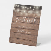 String Lights Rustiek Hout Script Gastenboek Reclamebord Met Voetstuk (Voorkant)