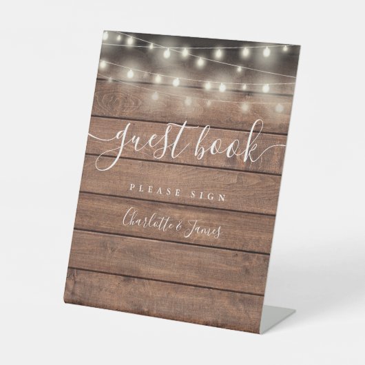 String Lights Rustiek Hout Script Gastenboek Reclamebord Met Voetstuk (Voorkant)